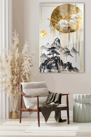 GOLD DETAYLARLA DOLU BEYAZ DİKEY OTURMA ODASI TABLOSU EV HEDİYESİ KIRILMAZ LÜKS MODERN CAM TABLO
