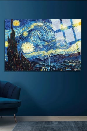 Van Gogh Yıldızlı Gece Kırılmaz Cam Tablo, Ev Ve Ofis Hediyesi Yüksek Çözünürlüklü 4mm Lüks Tablo