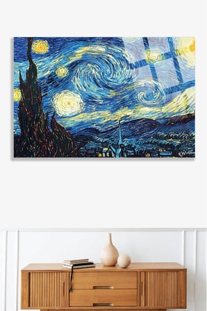 Van Gogh Yıldızlı Gece Kırılmaz Cam Tablo, Ev Ve Ofis Hediyesi Yüksek Çözünürlüklü 4mm Lüks Tablo