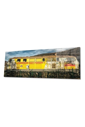Eski Retro Tren Panorama Çerçevesiz Cam Tablo, Duvara Asmaya Hazır Metal Askı Aparatlı