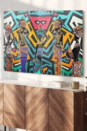 Renkli Etnik Desen Siyahi Kadınlar African Women| Etnik Temalı Cam Tablo | 50x70 Cm