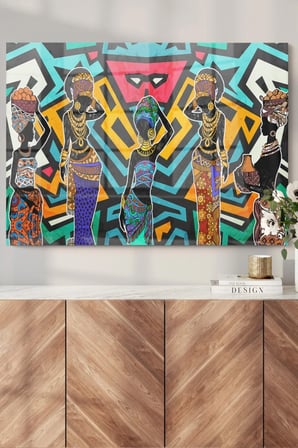Renkli Etnik Desen Siyahi Kadınlar African Women| Etnik Temalı Cam Tablo | 50x70 Cm