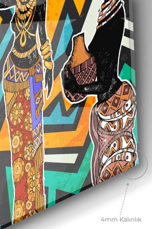 Renkli Etnik Desen Siyahi Kadınlar African Women| Etnik Temalı Cam Tablo | 50x70 Cm