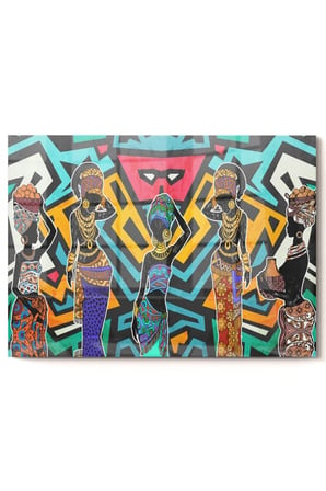Renkli Etnik Desen Siyahi Kadınlar African Women| Etnik Temalı Cam Tablo | 50x70 Cm