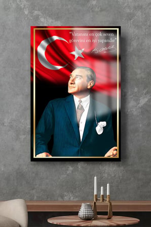 ULTRA YÜKSEK ÇÖZÜNÜRLÜKLÜ ATATÜRK TABLOSU 4MM KIRILMAZ CAM TABLO EV, SALON, HEDİYESİ