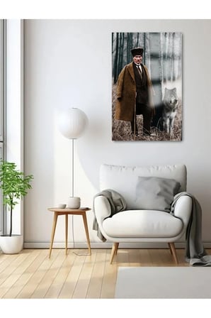 ULTRA YÜKSEK ÇÖZÜNÜRLÜKLÜ KURT VE ATATÜRK TABLOSU 4MM KIRILMAZ CAM TABLO EV, SALON, HEDİYESİ