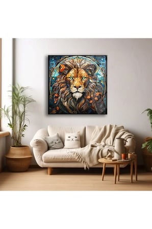 Vitray Desenli Aslan Kafası Cam Tablo , Temperli Cam Üzeri Uv Baskı , Canlı Renkler , Yüksek Kalite
