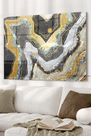 Gold Detaylı Mermer | Soyut Temalı Cam Tablo | 50x70 Cm