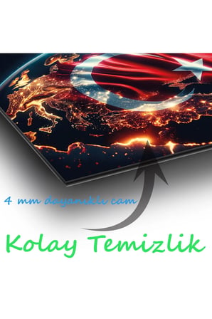 Türk Bayrağı ve Dünya Yatay Cam Tablo, Modern Ev Ofis Salon Duvar Dekoru Hediyelik Büyük Tablo Dekor