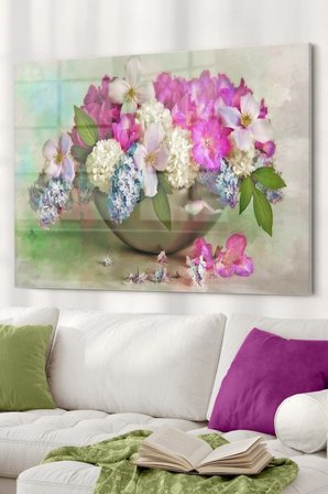 Vazo Ve Çiçek | Çiçek Temalı Cam Tablo | Dekoratif Cam Tablo | 50x70 Cm
