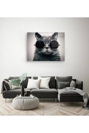 Gözlüklü Kedi Ikonik Cam Tablo