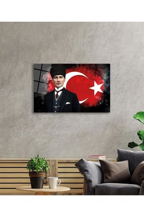 Türk Bayrağı ve Mustafa Kemal Atatürk Portresi Cam Tablo, Temperli ve Rodajlı Dayanıklı  Cam