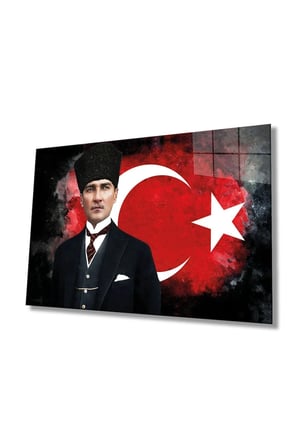 Türk Bayrağı ve Mustafa Kemal Atatürk Portresi Cam Tablo, Temperli ve Rodajlı Dayanıklı  Cam