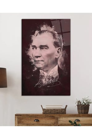 İmzalı Mustafa Kemal Atatürk Portresi Cam Tablo, Temperli ve Rodajlı Dayanıklı  Cam