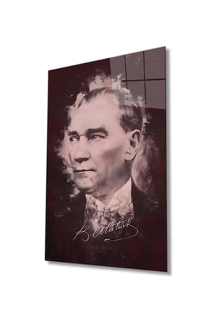 İmzalı Mustafa Kemal Atatürk Portresi Cam Tablo, Temperli ve Rodajlı Dayanıklı  Cam