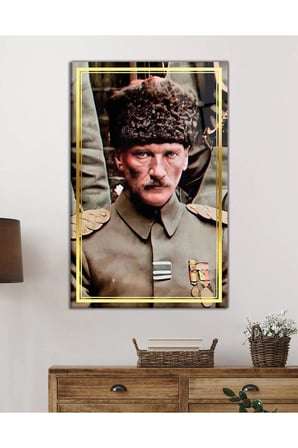 Gold Şeritli Mustafa Kemal Atatürk Portresi Cam Tablo, Darbelere Dayanıklı Kırılmaz Temperli