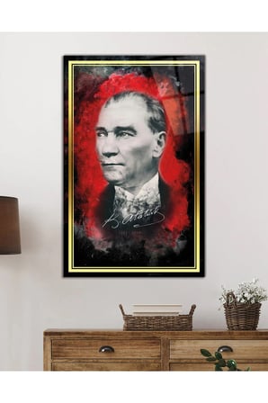 Gold Şeritli İmzalı Atatürk Portresi Cam Tablo, Darbelere Dayanıklı Kırılmaz Temperli