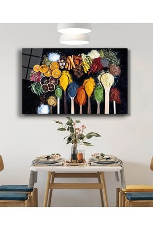 Renkli Baharatlar Ve Kaşıklar Cam Tablo, Temperli ve Rodajlı Dayanıklı Cam