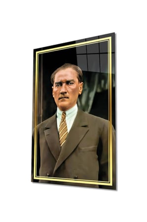 Gold Şeritli Mustafa Kemal Atatürk Portresi Cam Tablo, Darbelere Dayanıklı Kırılmaz Temperli
