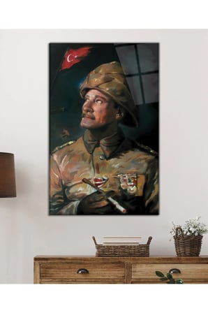 Yapay Zeka Üniformalı Mustafa Kemal Atatürk Portresi Cam Tablo, Temperli Dayanıklı Kırılmaz Cam