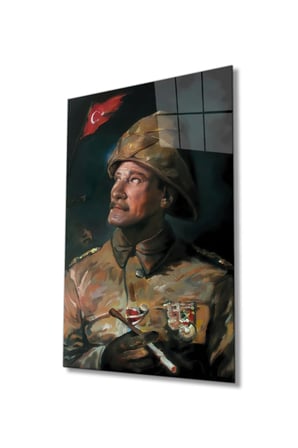 Yapay Zeka Üniformalı Mustafa Kemal Atatürk Portresi Cam Tablo, Temperli Dayanıklı Kırılmaz Cam