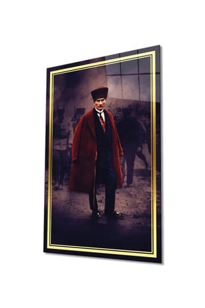 Gold Şeritli Mustafa Kemal Atatürk Portresi Cam Tablo, Darbelere Dayanıklı Kırılmaz Temperli