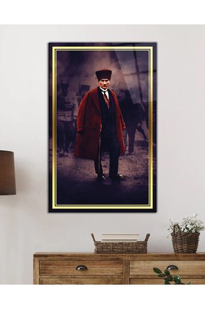 Gold Şeritli Mustafa Kemal Atatürk Portresi Cam Tablo, Darbelere Dayanıklı Kırılmaz Temperli