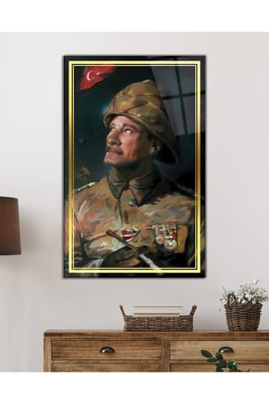 Gold Şeritli Yapay Zeka Üniforma Atatürk Portresi Cam Tablo, Temperli Rodajlı Dayanıklı Kırılmaz Cam