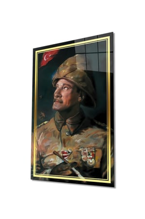 Gold Şeritli Yapay Zeka Üniforma Atatürk Portresi Cam Tablo, Temperli Rodajlı Dayanıklı Kırılmaz Cam