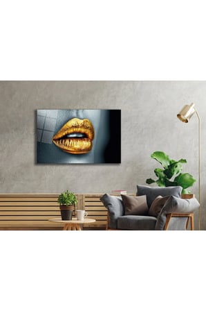 Sarı Gold Kadın Dudağı Soyut Cam Tablo, Darbelere Dayanıklı Kırılmaz Temperli