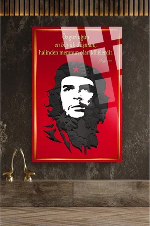 Che Guevara Gold Kenarlı 4mm Kırılmaz Temperli Yüksek Çözünürlüklü Cam Tablo