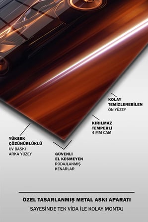 Kırmızı Detaylı Spor Araba Yatay Cam Tablo