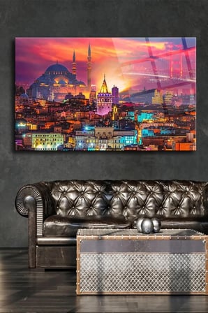 Harika İstanbul Manzaralı Kırılmaz Cam Tablo, Ev Ofis Hediyesi Yüksek Çözünürlüklü 4mm Cam Tablo