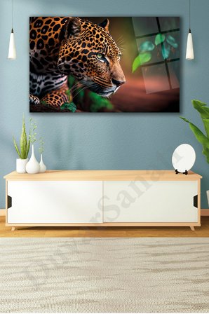 Jaguar Cam Tablo, Aslan Kaplan Ev Ofis Duvar Dekoru, Hediyelik Büyük Cam Tablo
