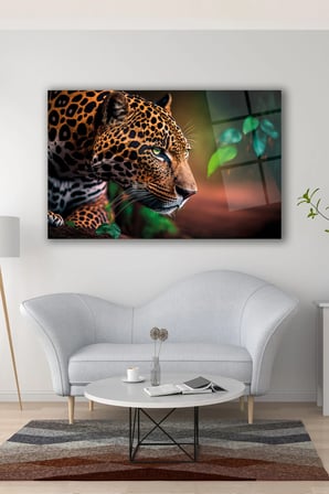 Jaguar Cam Tablo, Aslan Kaplan Ev Ofis Duvar Dekoru, Hediyelik Büyük Cam Tablo