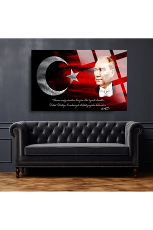 Türk Bayrağı Ve Atatürk 2 Ev Ofis Okul Için 4mm Kırılmaz Temperli Yüksek Çözünürlüklü Cam Tablo