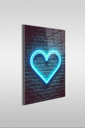 Neon Stil Mavi Kalp Dikey Cam Tablo