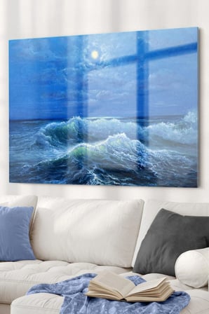 Dolunay Ve Deniz | Manzara Temalı Cam Tablo | 50x70 Cm