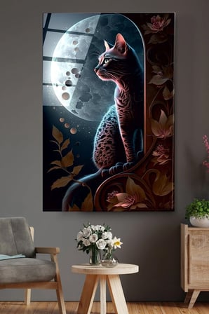 Dolunay Ve Kedi Cam Tablo, Dekoratif Cam Tablo