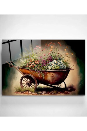 Çiçekli El Arabası Cam Tablo, Dekoratif Cam Tablo