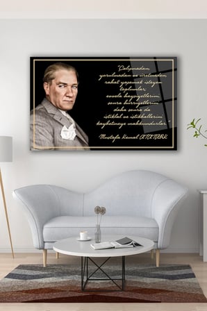 Atatürk ve Sözleri Yatay Cam Tablo, Modern Ev Ofis Salon Duvar Dekoru Hediyelik Büyük Tablo Dekor