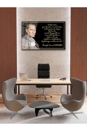 Atatürk ve Sözleri Yatay Cam Tablo, Modern Ev Ofis Salon Duvar Dekoru Hediyelik Büyük Tablo Dekor