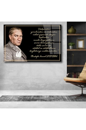 Atatürk ve Sözleri Yatay Cam Tablo, Modern Ev Ofis Salon Duvar Dekoru Hediyelik Büyük Tablo Dekor