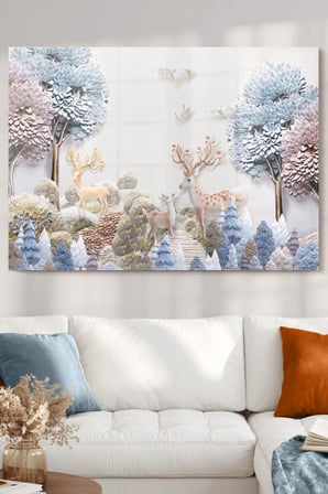 Geyikli Orman|doğa Temalı Dijital Baskı Modern Dekoratif Cam Tablo | 50x70 Cm