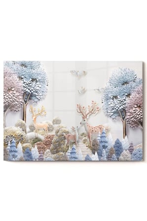 Geyikli Orman|doğa Temalı Dijital Baskı Modern Dekoratif Cam Tablo | 50x70 Cm
