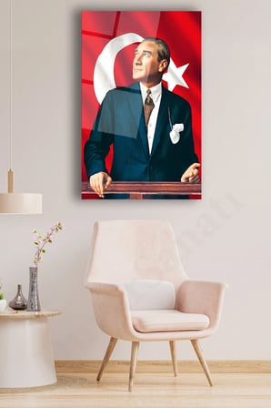 Mustafa Kemal Atatürk ve Türk Bayrağı Dikey Cam Tablo Modern Ev Ofis Salon Hediyelik Büyük Tablo