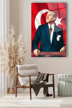 Mustafa Kemal Atatürk ve Türk Bayrağı Dikey Cam Tablo Modern Ev Ofis Salon Hediyelik Büyük Tablo