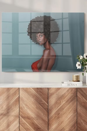 Siyahi Kıvırcık Kadın Art Painting | Etnik Temalı Cam Tablo | 50x70 Cm