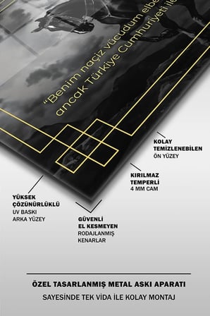 Atatürk Özel Tasarım 16 Siyah Beyaz Yatay Cam Tablo