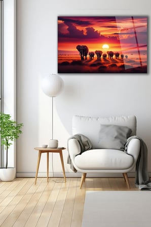 Günbatımı Manzara ve Filler Modern Soyut Cam Tablo Ev Ofis Salon Hediyelik Soyut Büyük Tablo